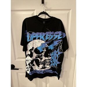 Romwe T-Shirt Men's S Street Life‎ Lightning Skull Pentagram Print Black NWT